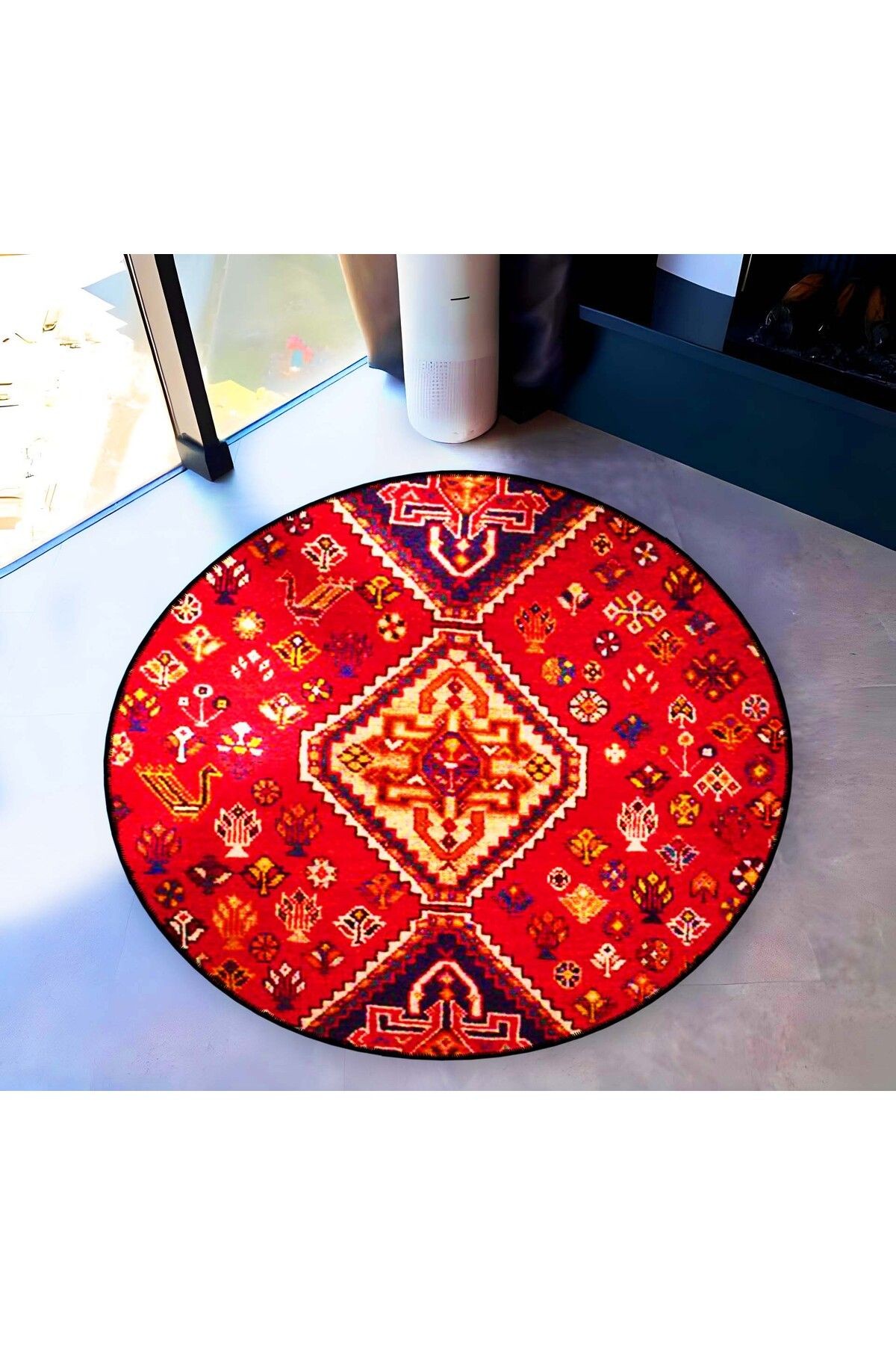 Kırmızı Temalı Etnik Motif Geleneksel Desenli Yuvarlak Dokuma Taban Vintage Dekoratif Halı 6228