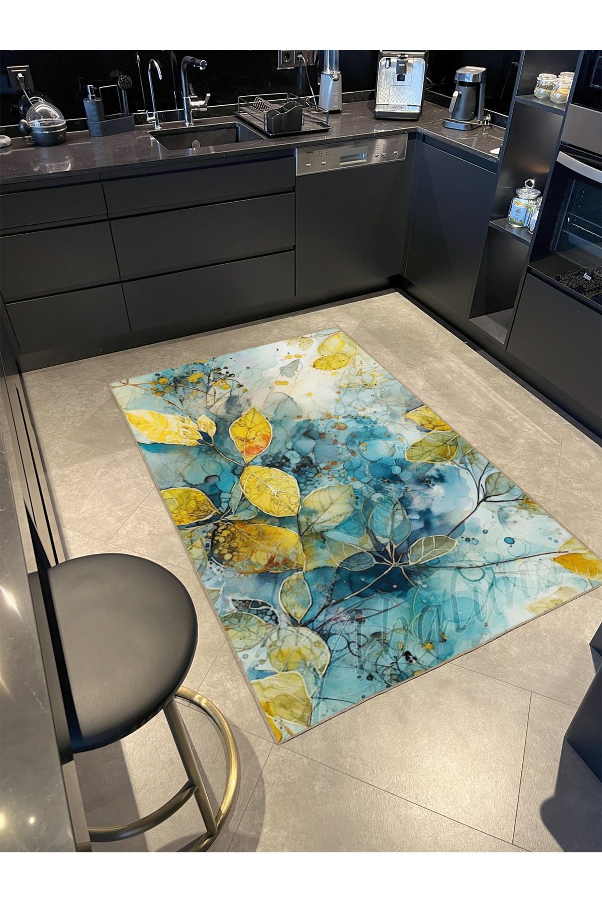 Buz Mavisi ve Sarı Temalı Floral Çiçekli Dekoratif Yıkanabilir Halı miravip8994