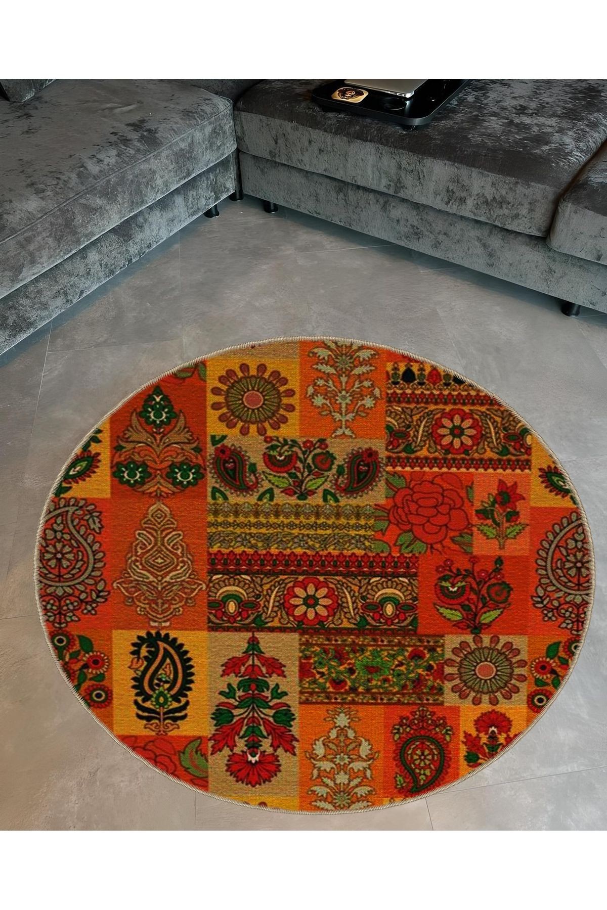 Mira Yuvarlak Turuncu Tonlarda Etnik Desenli Modern Dekoratif Halı 5538