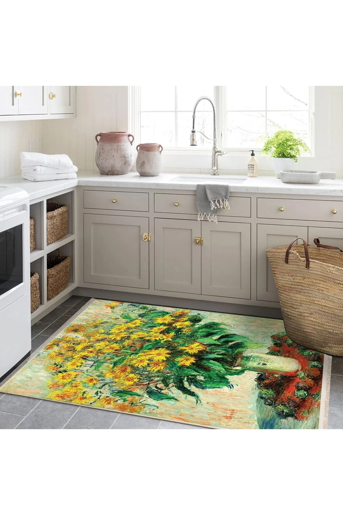 Yılmaz Koleksiyonu Sarı Temalı Öküzgözü Çiçeği ve Yapraklar Desenli Kreatif Modern Dekoratif Halı 02