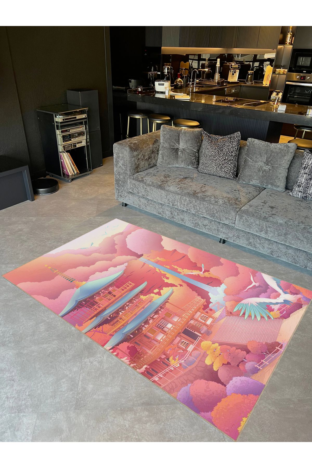 Buse Koleksiyonu Çok Renkli Japon Pagoda Desenli Dokuma Taban Modern Dekoratif Halı buse30