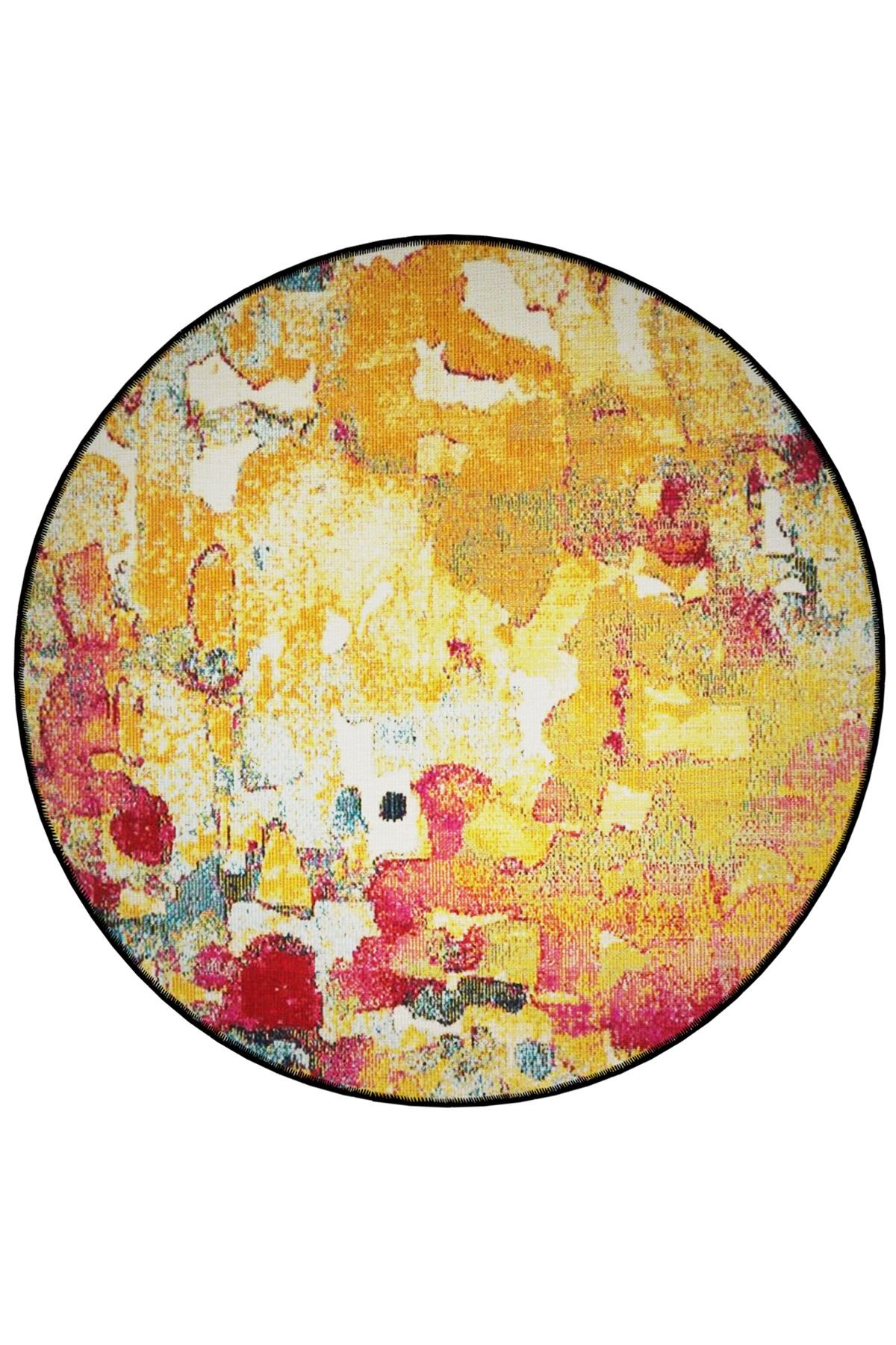 Sarı Temalı Soyutl Desenli Yuvarlak Dokuma Taban Modern Dekoratif Halı 6157