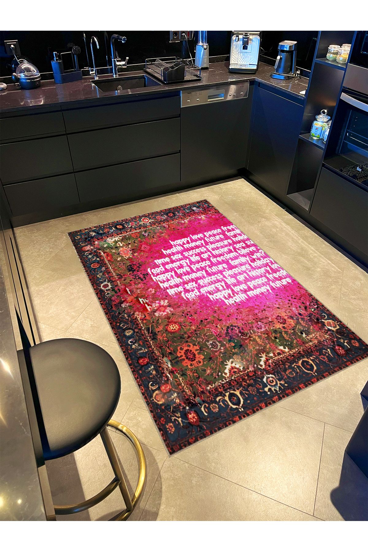 Written Koleksiyonu Çiçek Motifleri Desenli Kreatif Modern Dekoratif Halı 03