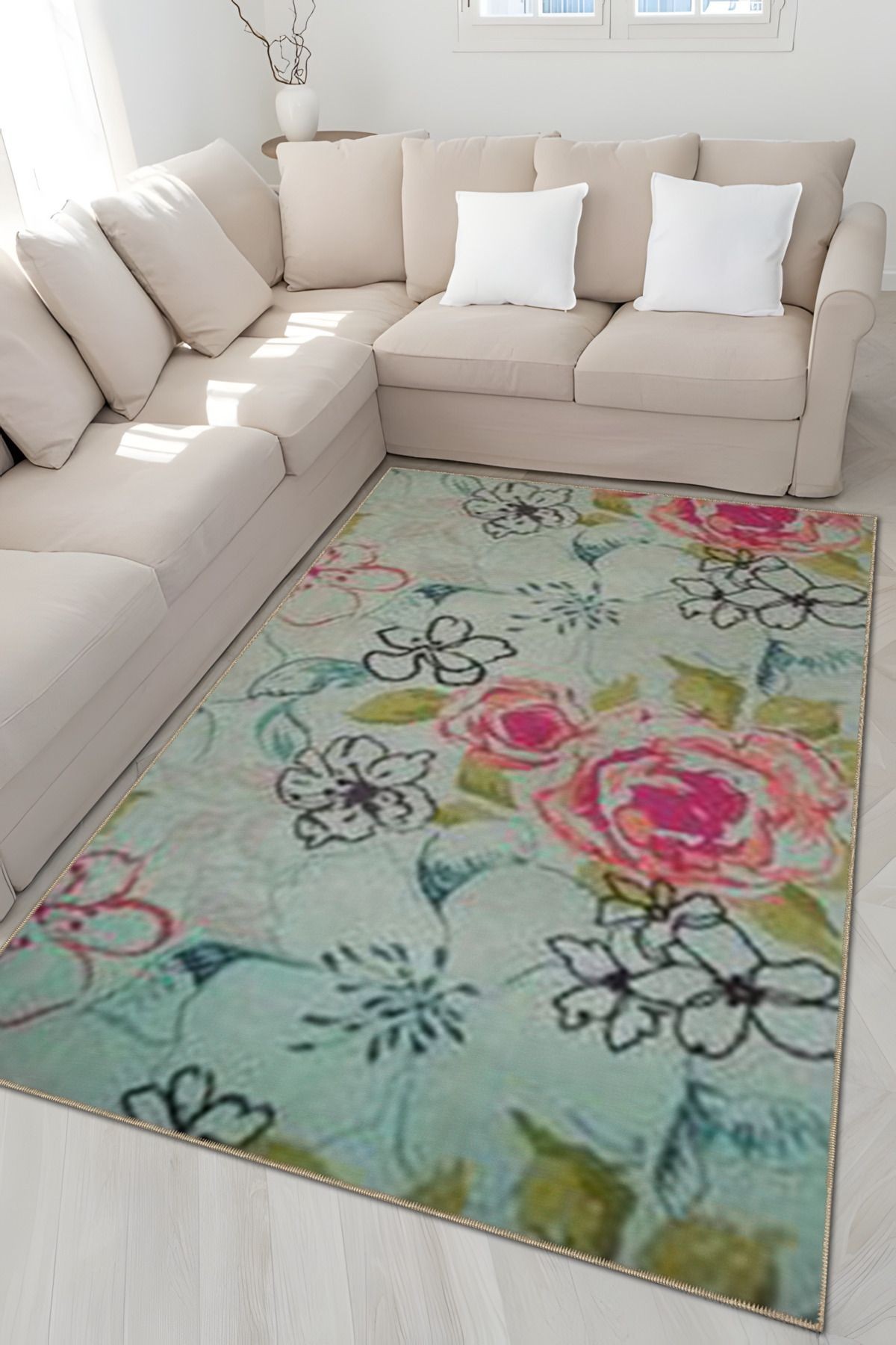 Açık Mavi Temalı Çok Renkli Çiçekler ve Gül Desenli Modern Dekoratif Halı 5031