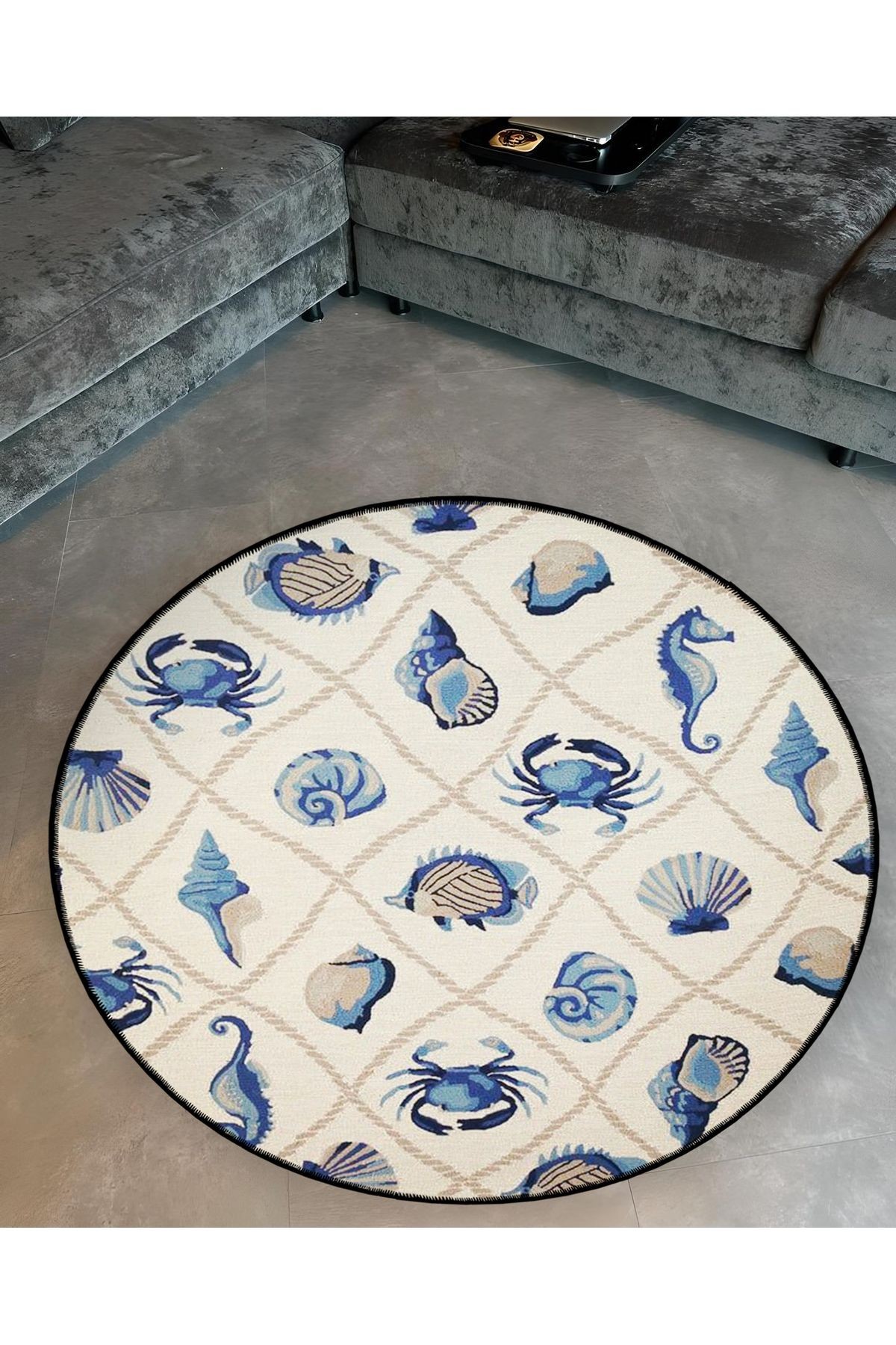 Mira Yuvarlak Marin Desen Denizatı ve Yengeç Detaylı Dokuma Taban Modern Dekoratif Halı 5636