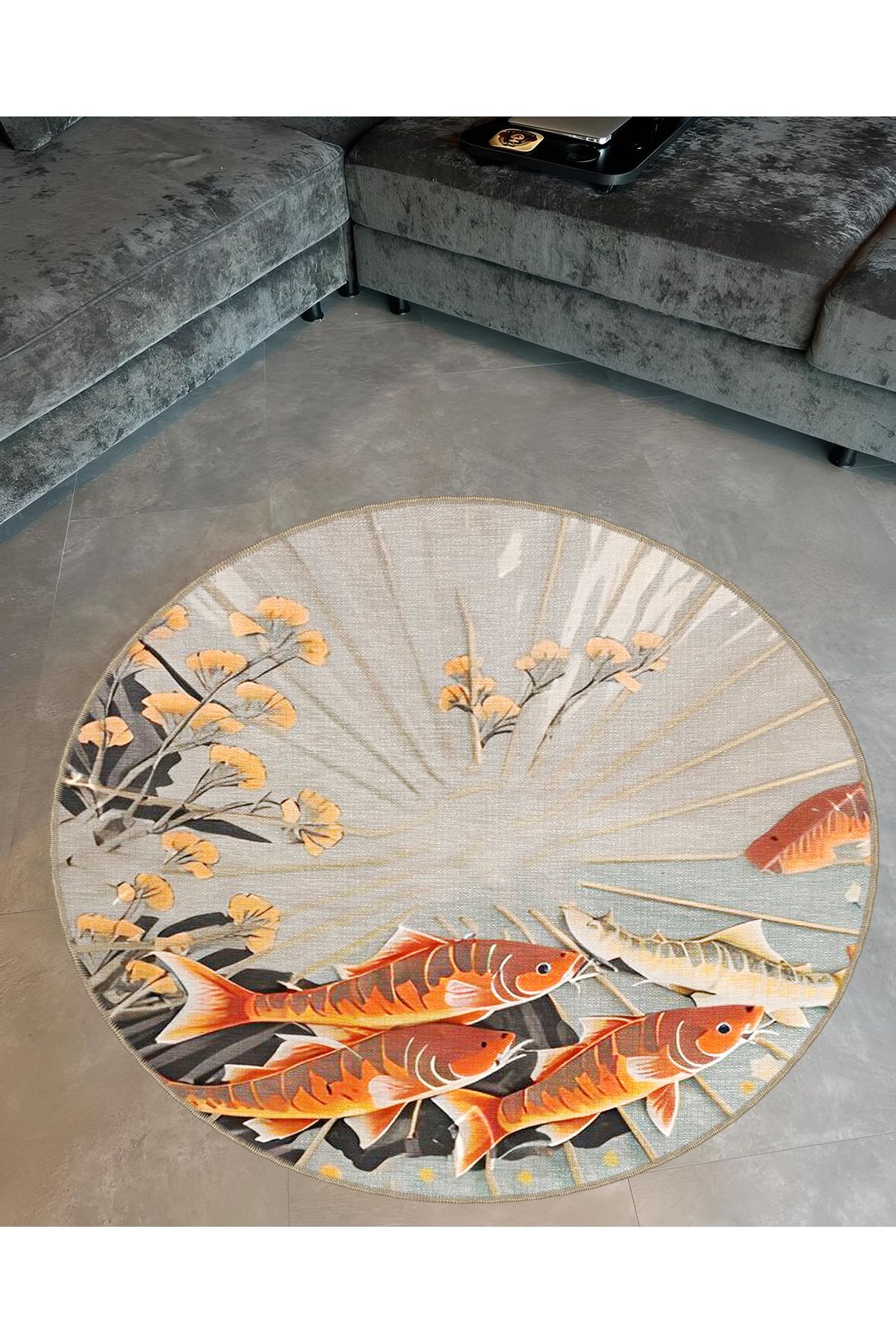 Gri Temalı Turuncu Balık ve Çiçek Desenli Modern Dekoratif Halı 5119