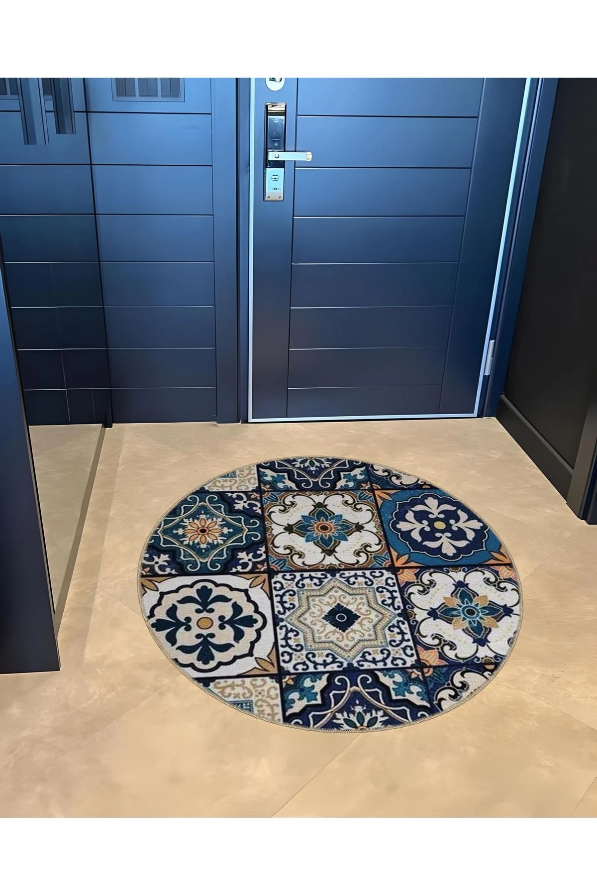 Mira Yuvarlak Mavi Tonlarda Antik Çini Deseni Detaylı Dekoratif Halı 5528