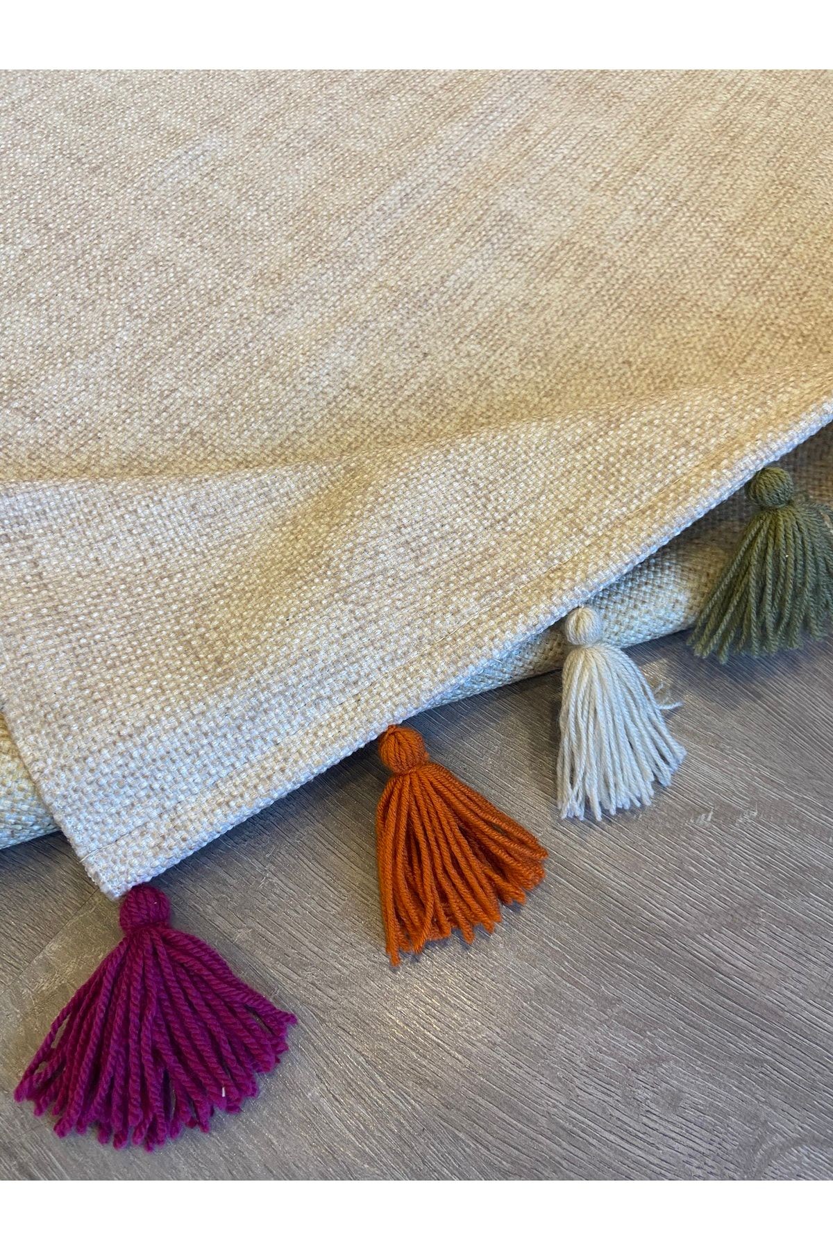 Moroccan 9003 Bej Renkli Püsküllü Bohomian Ve Modern Kilim
