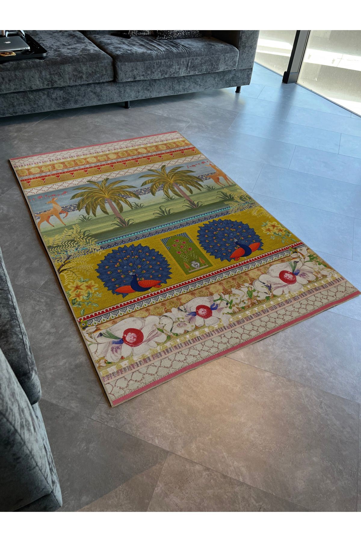 Tropikal Orman Temalı Çok Renkli Ağaç Desenli Kreatif Modern Dekoratif Halı 2185