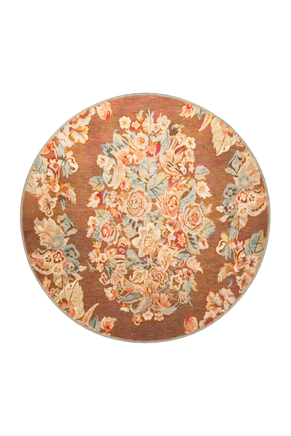 Kahverengi Temalı Karma Çiçek Gül Desenli Saçaklı Vintage Dekoratif Halı 3174