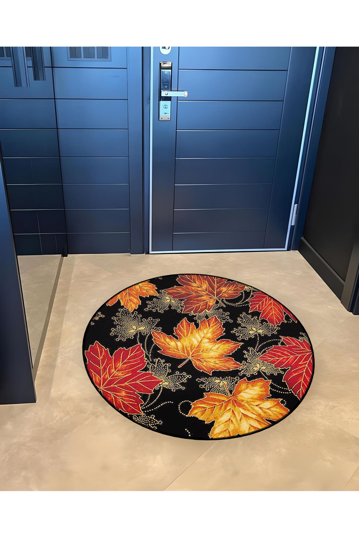 Mira Yuvarlak Siyah Sonbahar Yaprakları Detaylı Dokuma Taban Modern Dekoratif Halı 5578