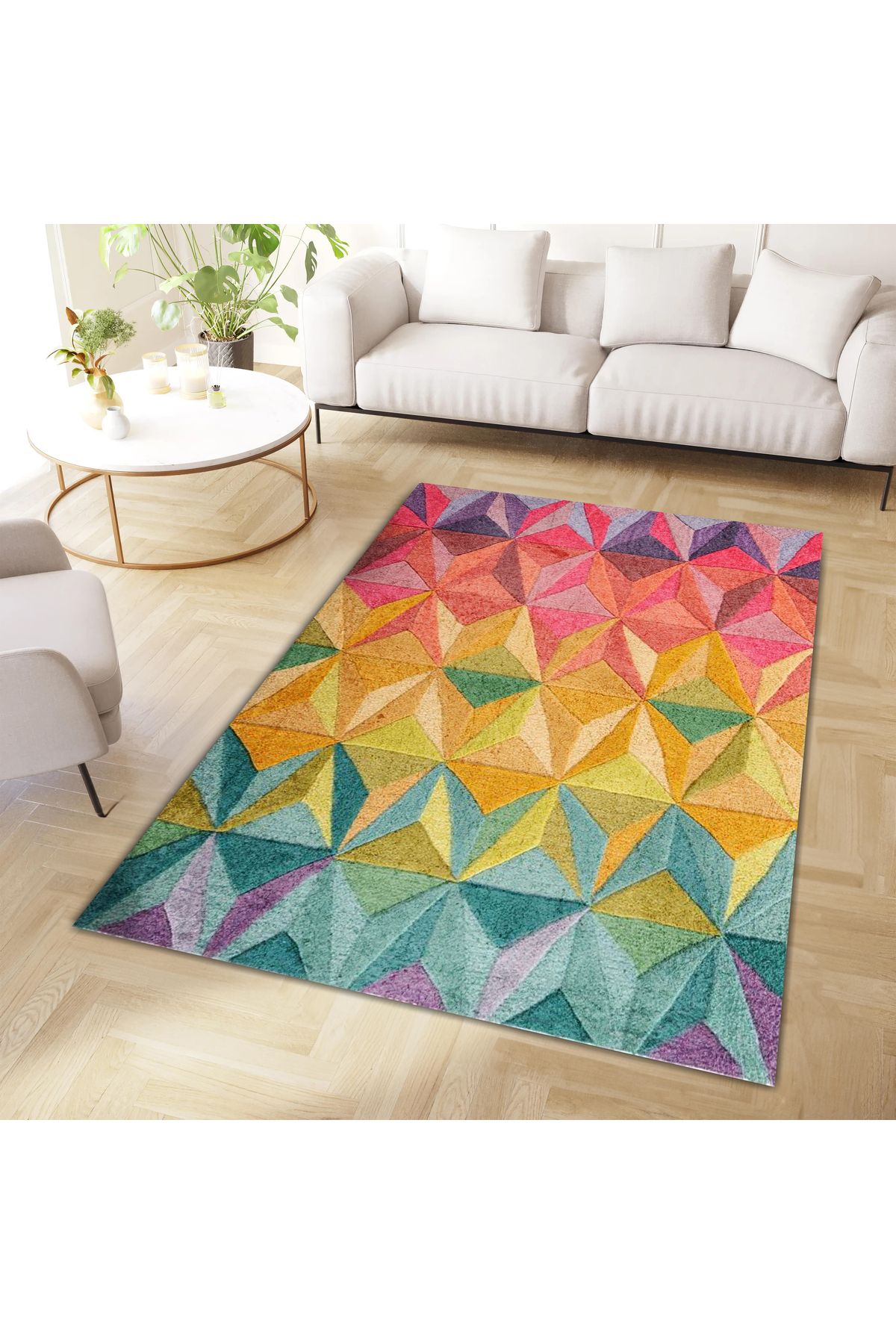 Kuzey Koleksiyonu Çok Renkli Şekiller Dokuma Taban Dekoratif Halı kuzey05