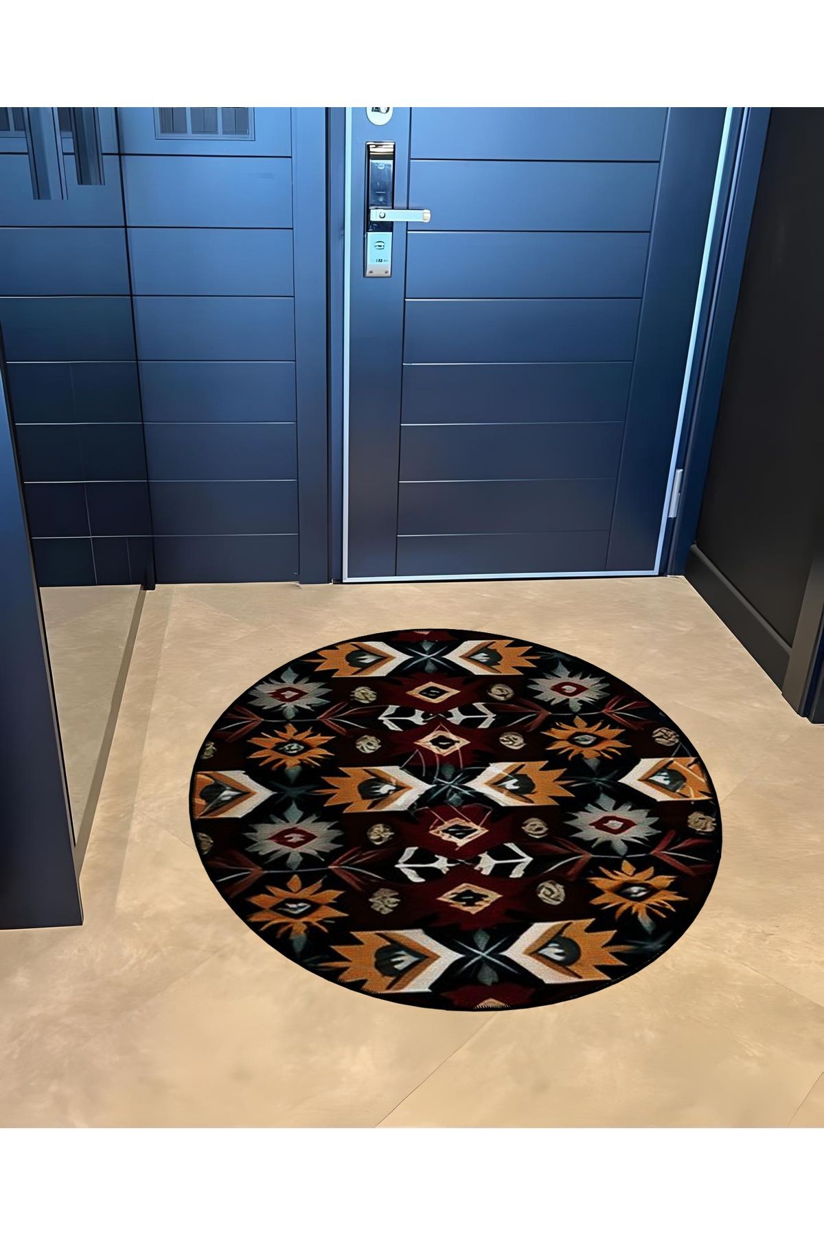 Koyu Ton Karma Etnik Motif Desenli Yuvarlak Dokuma Taban Vintage Dekoratif Halı 6076