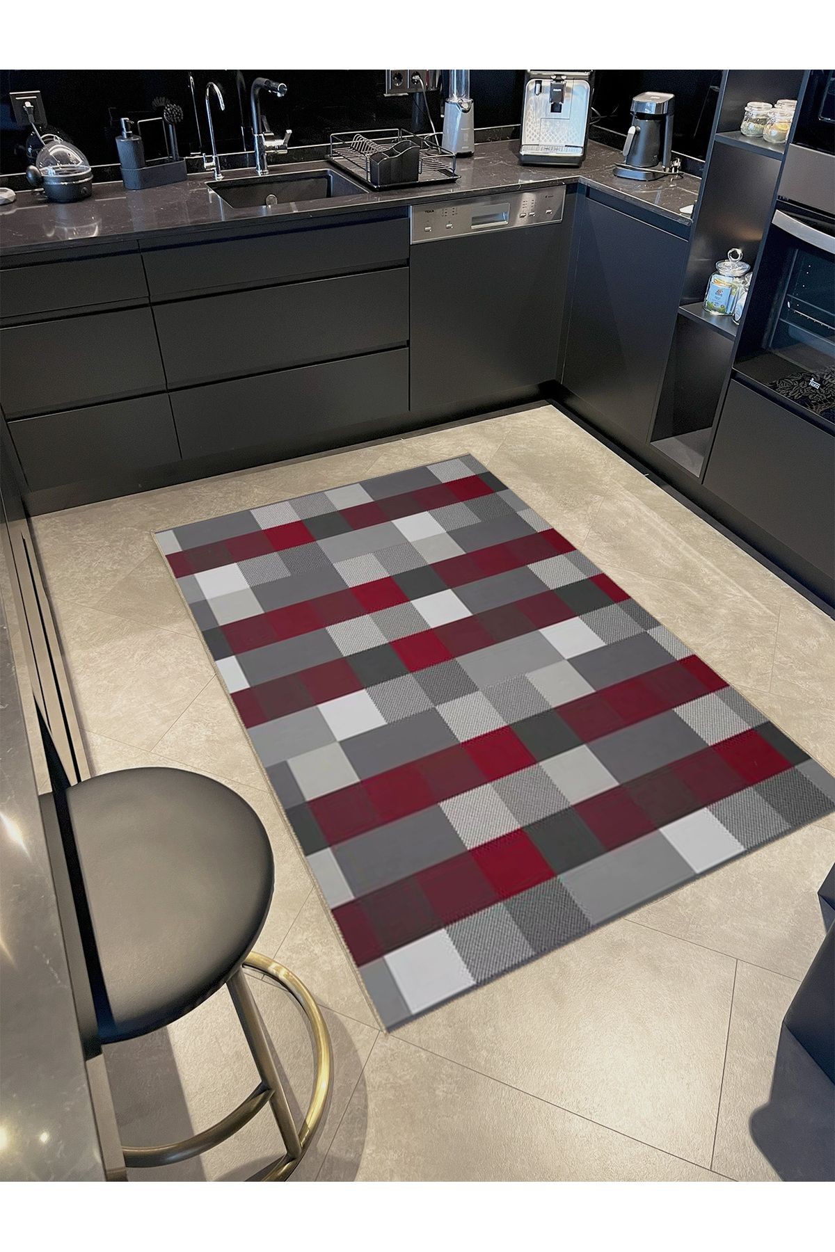 Ametist Serisi Gri Bordo Temalı Piksel Patchwork Desen Dokuma Taban Modern Dekoratif Halı ametist30