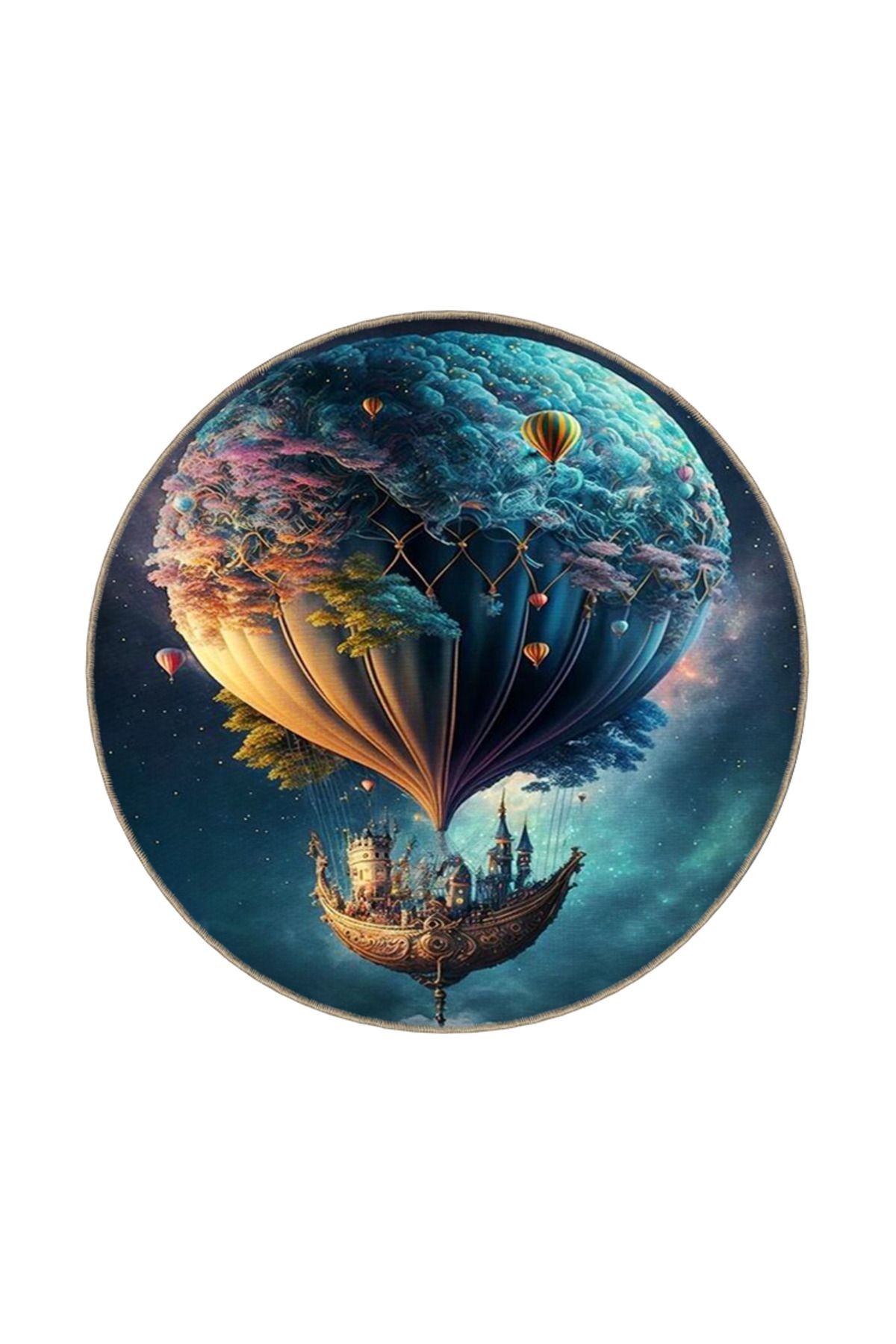 Gece Temalı Uçan Balon Renkli Dekoratif Yıkanabilir Halı miravip8654