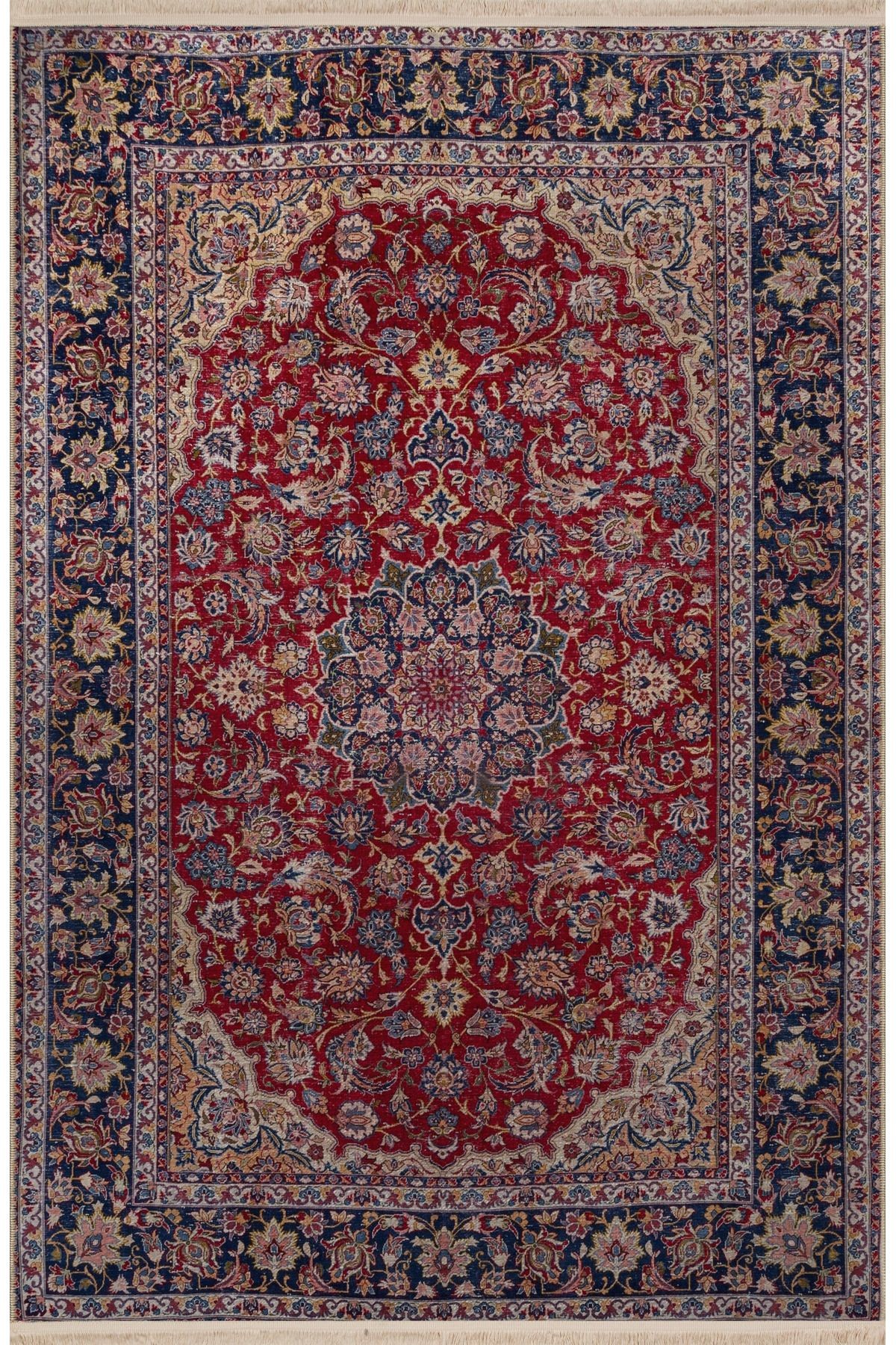 Bordo Bej Temalı Geleneksel Motif Etnik Çiçek Desenli Vintage Dekoratif Halı 2915