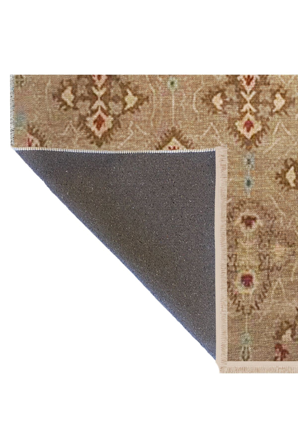Kahverengi Temalı Geleneksel Motif Desenli Saçaklı Vintage Dekoratif Halı 3197