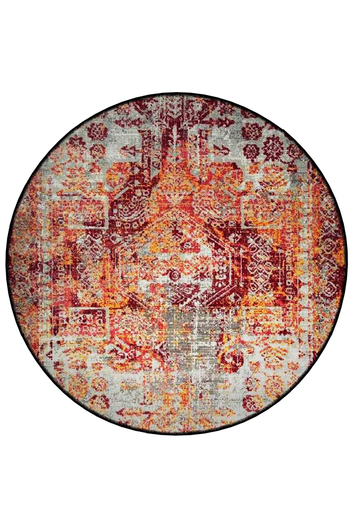 Turuncu Tema Geleneksel Desenli Yuvarlak Dokuma Taban Vintage Dekoratif Halı 6145