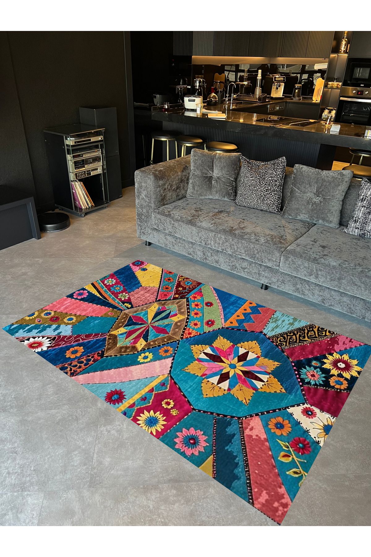 Paris Koleksiyonu Çok Renkli Geometrik Motifler ve Çiçek Desenli Vintage Dekoratif Halı 44