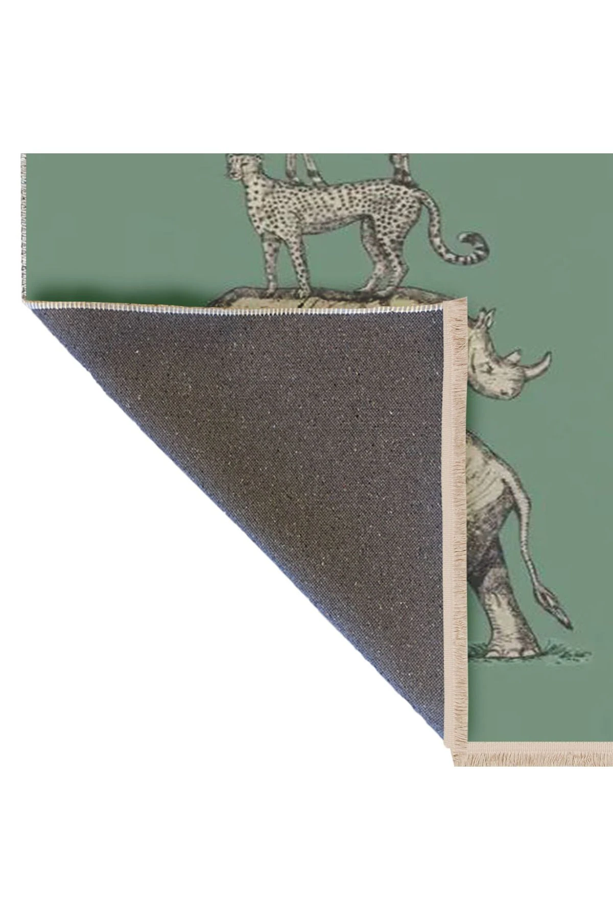 Güney Koleksiyonu Yeşil Ton Tema Fil Gergedan ve Leopar Figürü Desenli Modern Dekoratif Halı 03