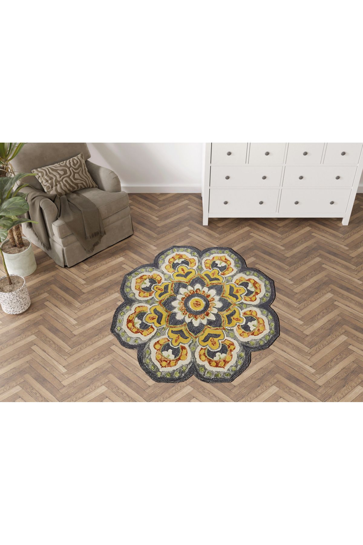 Sarı Mavi Temalı Çok Renkli Geleneksel Motif Desen Vintage Dokuma Taban Yuvarlak Dekoratif Halı 2105