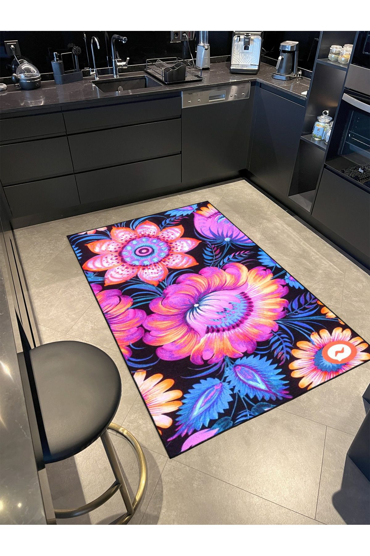 Mor ve Mavi Renkli Çiçekli Floral Modern Dekoratif Halı miravip168