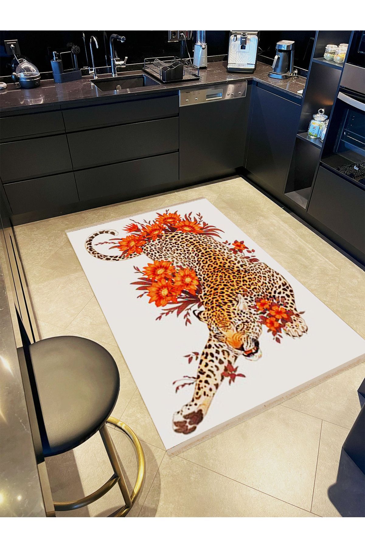 İnci Koleksiyonu Turuncu Tema Leopar ve Çiçek Desenli Dokuma Taban Modern Dekoratif Halı inci13