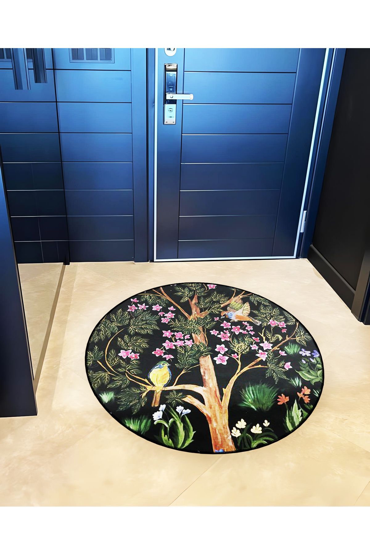 Mira Yuvarlak Ağaç Dalında Kuşlar ve Pembe Çiçekler Detaylı Dokuma Taban Modern Dekoratif Halı 5686