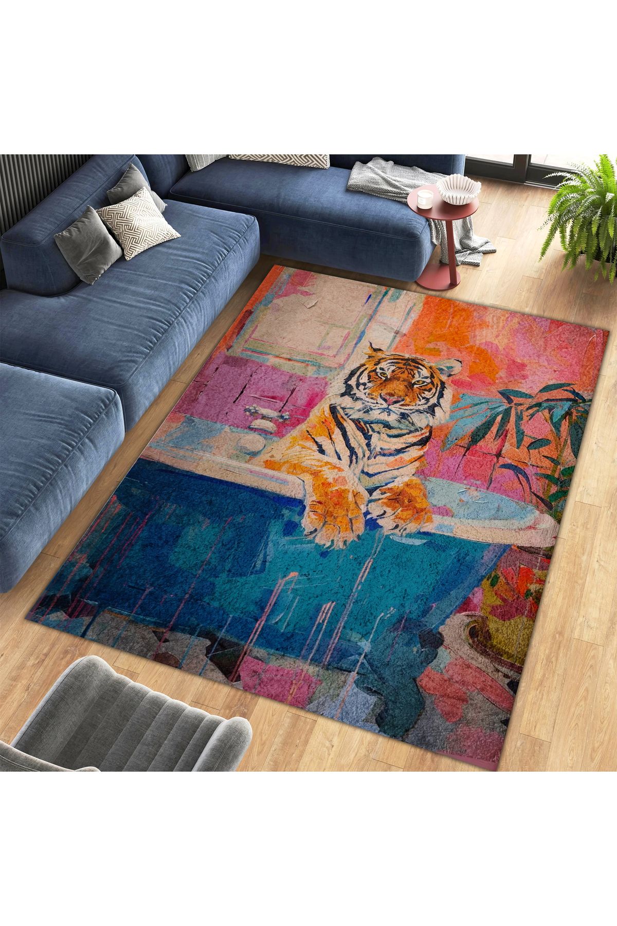 Kuzey Koleksiyonu Mavi Küvette Kaplan Desenli Dokuma Taban Dekoratif Halı kuzey41