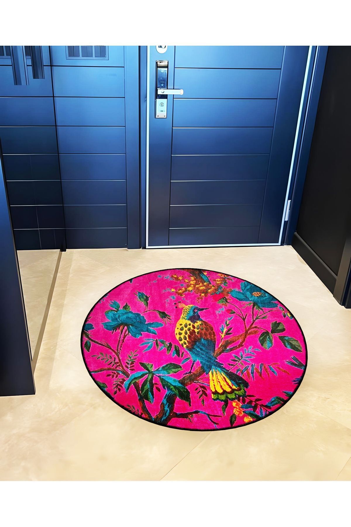 Mira Yuvarlak Koyu Pembe Kuş ve Çiçek Detaylı Dokuma Taban Modern Dekoratif Halı 5695