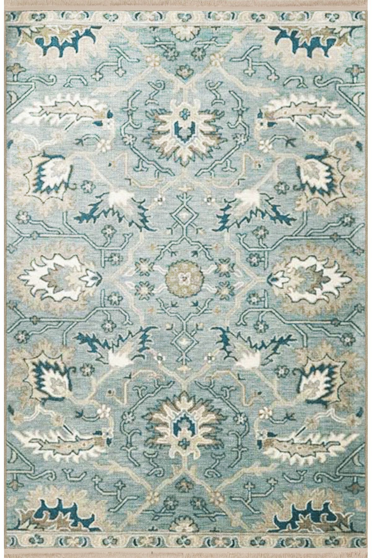 Açık Mavi Temalı Motifli Etnik Çiçek Desenli Saçaklı Vintage Dekoratif Halı 3181