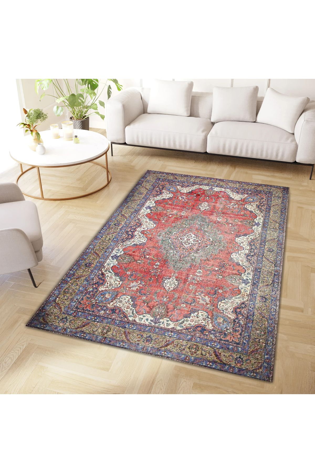 Mete Koleksiyonu Kırmızı Temalı Geleneksel Motifli ve Etnik Desenli Vintage Dekoratif Halı 04