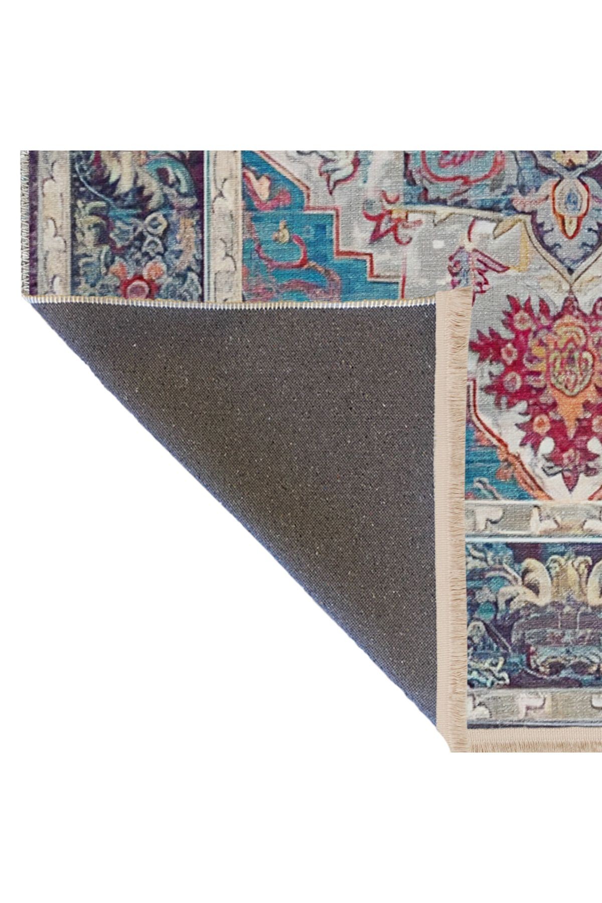 Mavi Temalı Çok Renkli Geleneksel Motif Etnik Desenli Kreatif Vintage Dekoratif Halı 2041