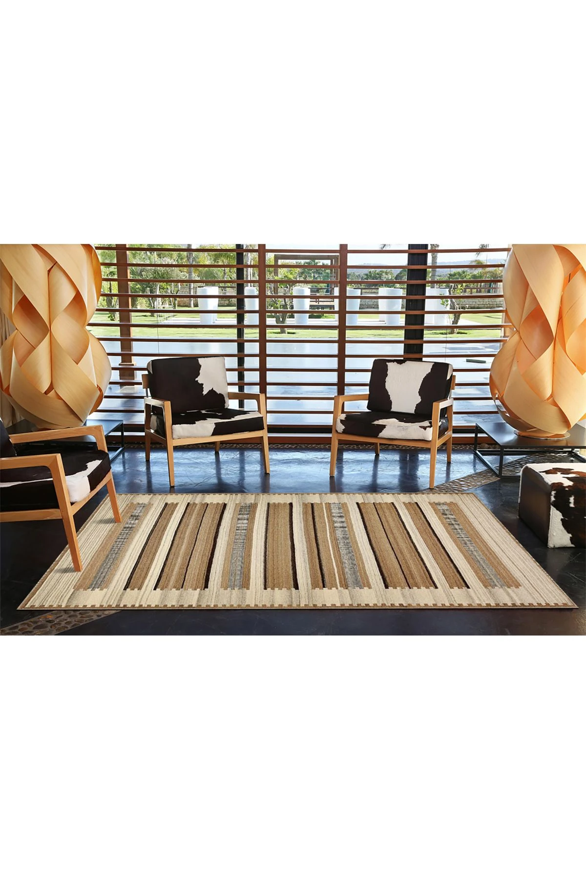 Kahverengi Çizgili ve Geometrik Desenli Modern Dekoratif Halı 4445