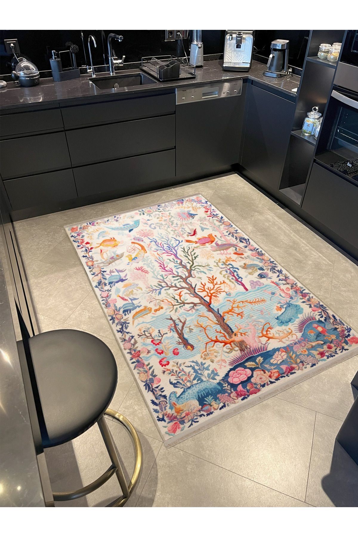 Dido 2 Koleksiyonu Çok Renkli Soyut Ağaç Ve Kuş Desenli Saçaklı Vintage Dekoratif Halı 3256