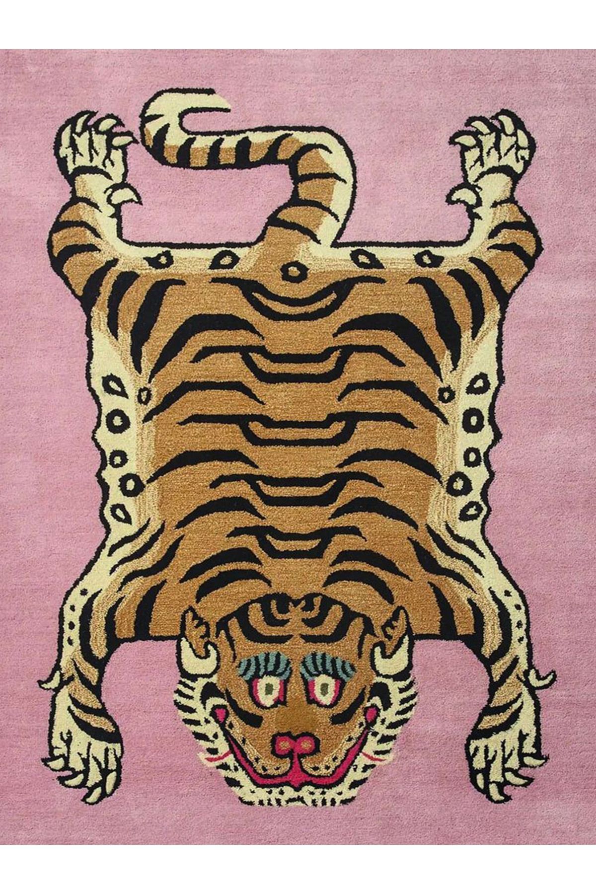Atlas Koleksiyonu Pembe Temalı Kaplan Desenli Kreatif Modern Dekoratif Halı 11
