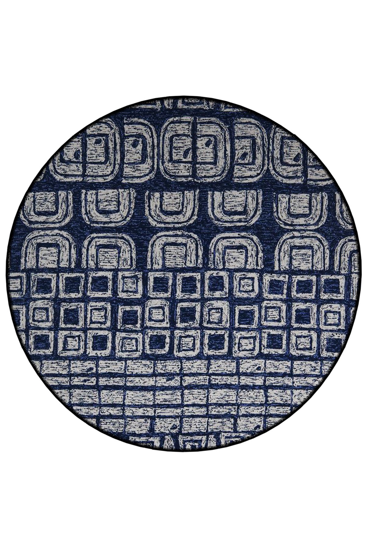 Lacivert Temalı Geometrik Desenli Yuvarlak Dokuma Taban Modern Dekoratif Halı 6130