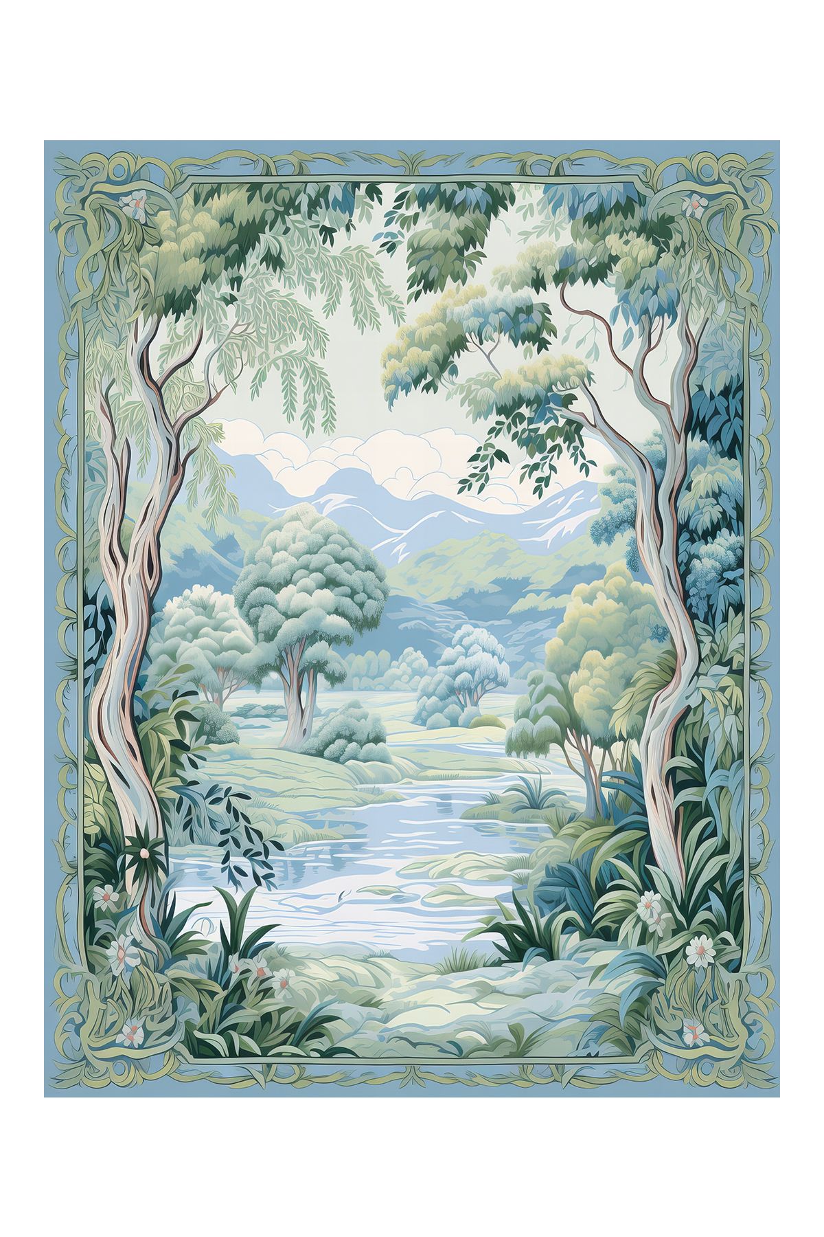 Paris Koleksiyonu Mavi Tonlarda Doğa Desenli Modern Dekoratif Halı paris11