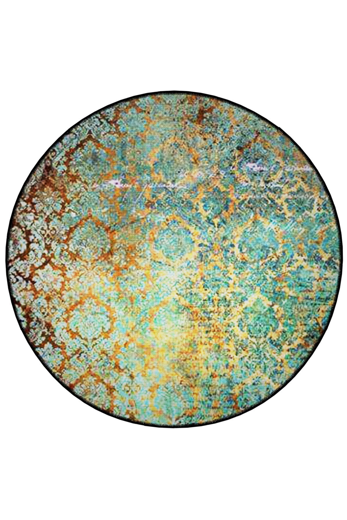Yeşil Tema Geleneksel Motif Desenli Yuvarlak Dokuma Taban Vintage Dekoratif Halı 6148