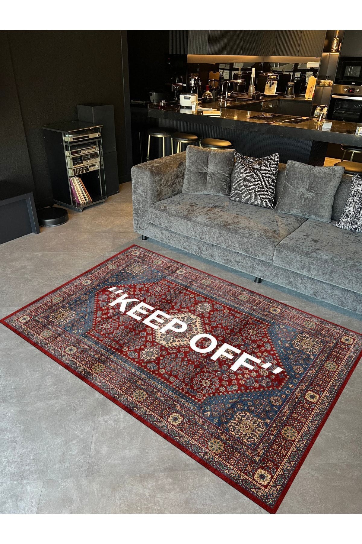 Mira 1134 Kırmızı Vintage Iran Halısı Temalı Keep Off Yazılı Dokuma Taban Halı
