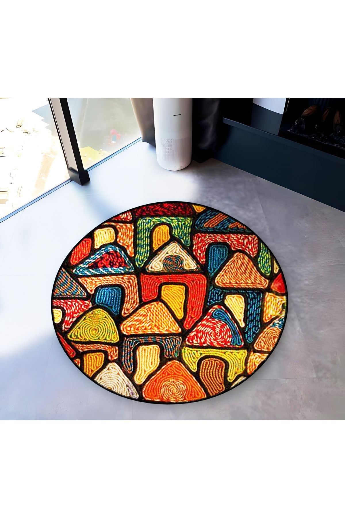Çok Renkli Geometrik Şekilli Evler Desenli Yuvarlak Dokuma Taban Modern Dekoratif Halı 6187