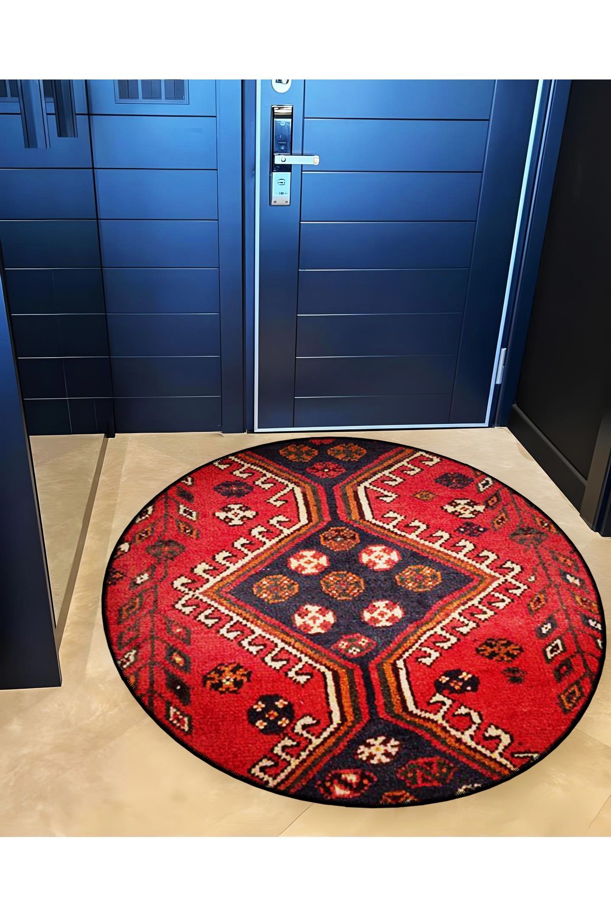 Siyah Kırmızı Temalı Geleneksel Motif Desenli Yuvarlak Dokuma Taban Vintage Dekoratif Halı 6222