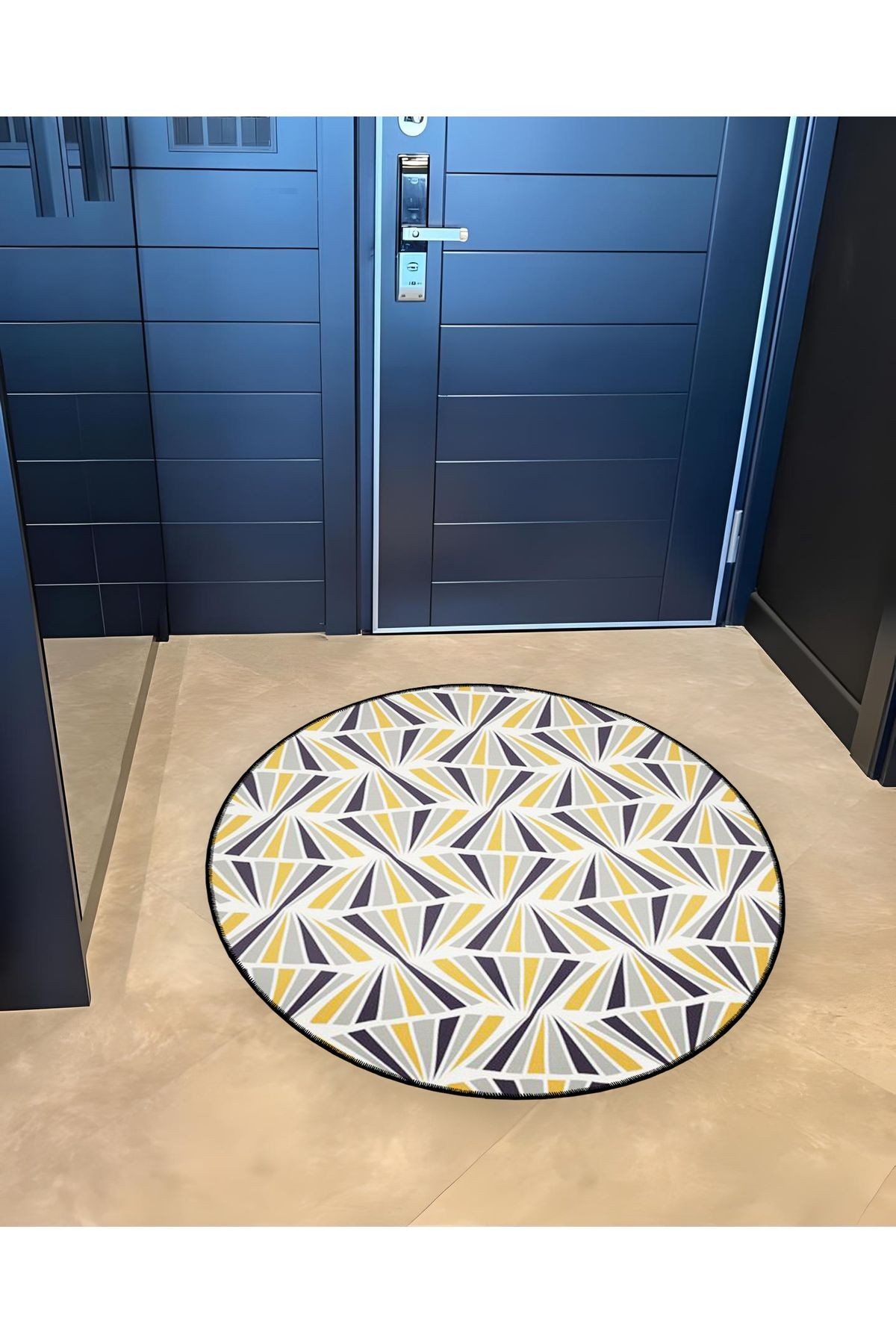 Sarı Gri Tema Geometrik Desenli Yuvarlak Dokuma Taban Modern Dekoratif Halı 6089