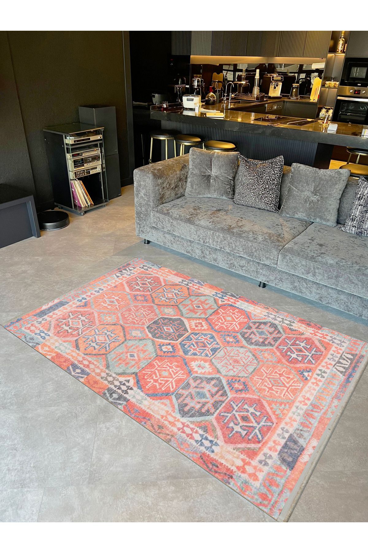 Alya Koleksiyonu Eskitme Görünümlü Çok Renkli Etnik Desenli Dokuma Taban Dekoratif Halı alya46