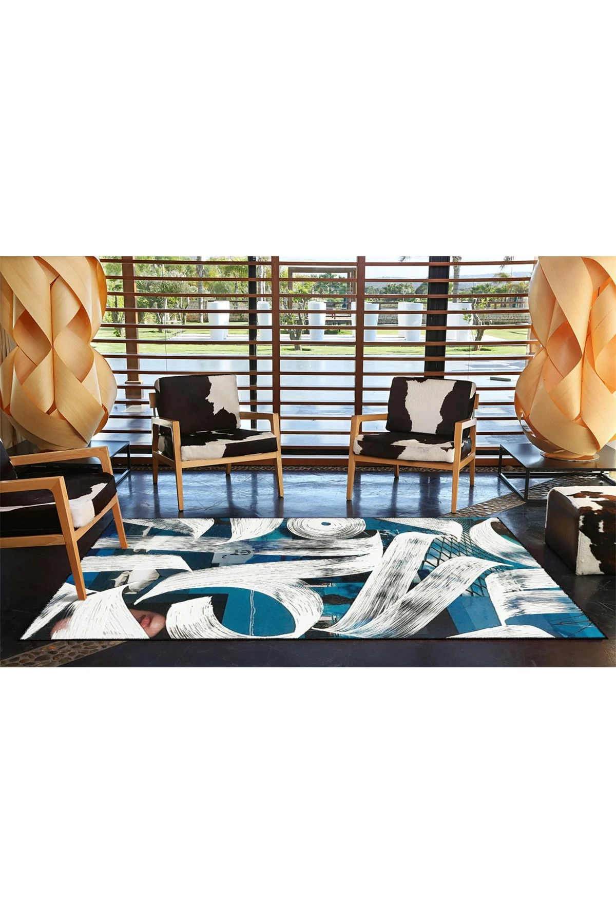 Mavi Krem Temalı Desenli Modern Dekoratif Halı ve Yıkanabilir Halı miravip9585