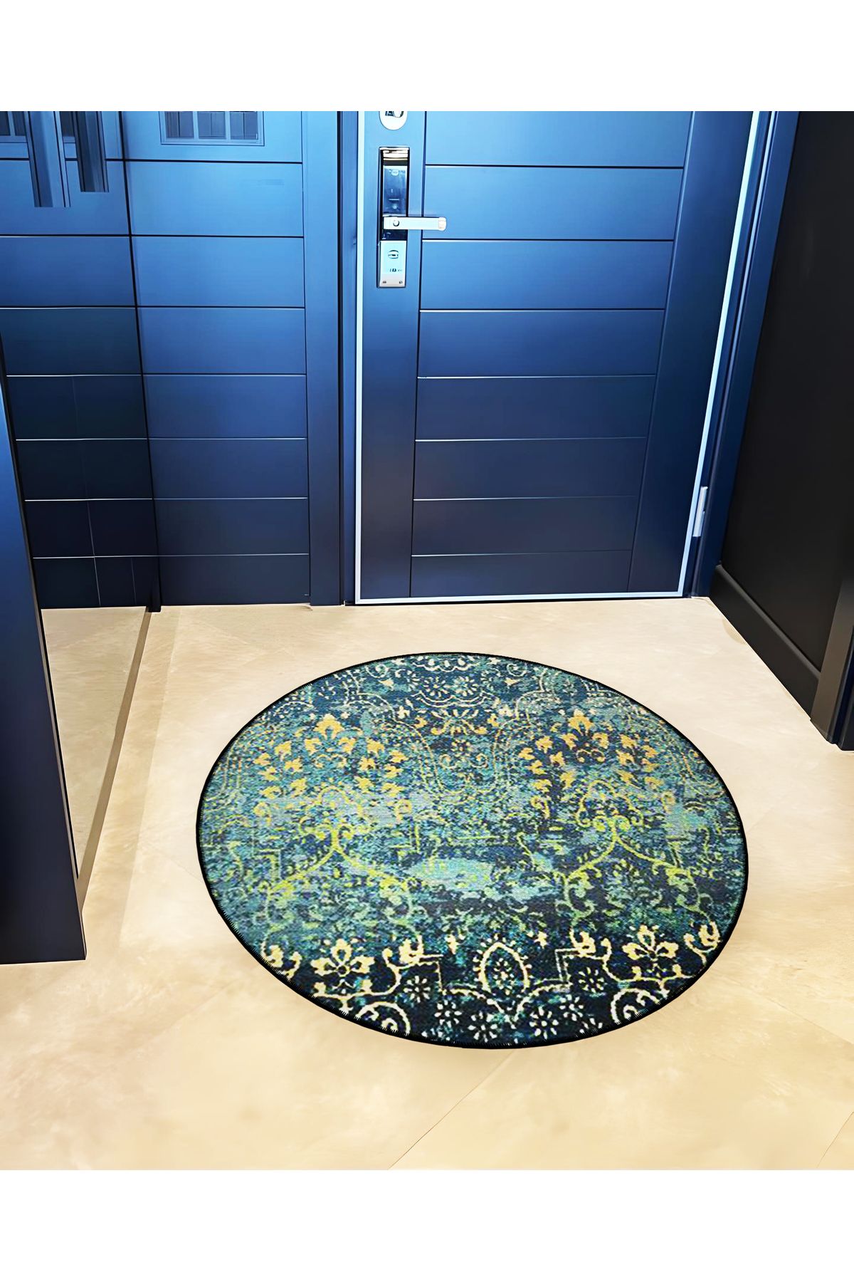 Koyu Yeşil Tema Motifli Geleneksel Desenli Yuvarlak Dokuma Taban Vintage Dekoratif Halı 6161