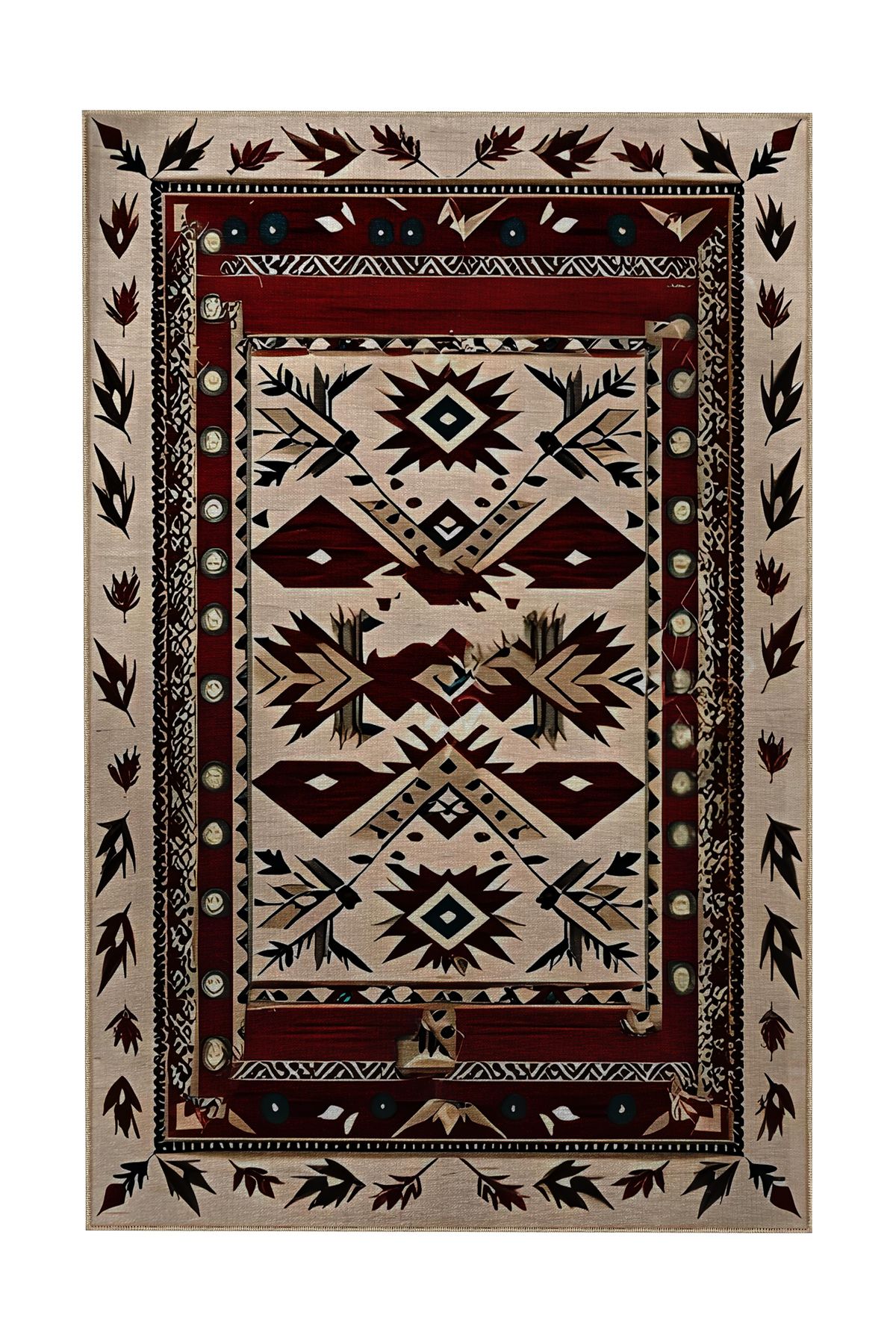 Bordo ve Bej Renkli Antik Tasarım Serisi Kenar Detaylı Desenli Vintage Dekoratif Halı antik14