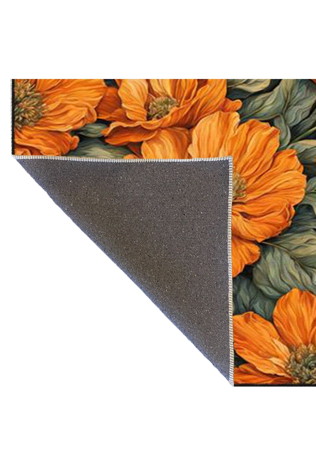 Floral Turuncu Desenli Yıkanabilir Halı miravip8218