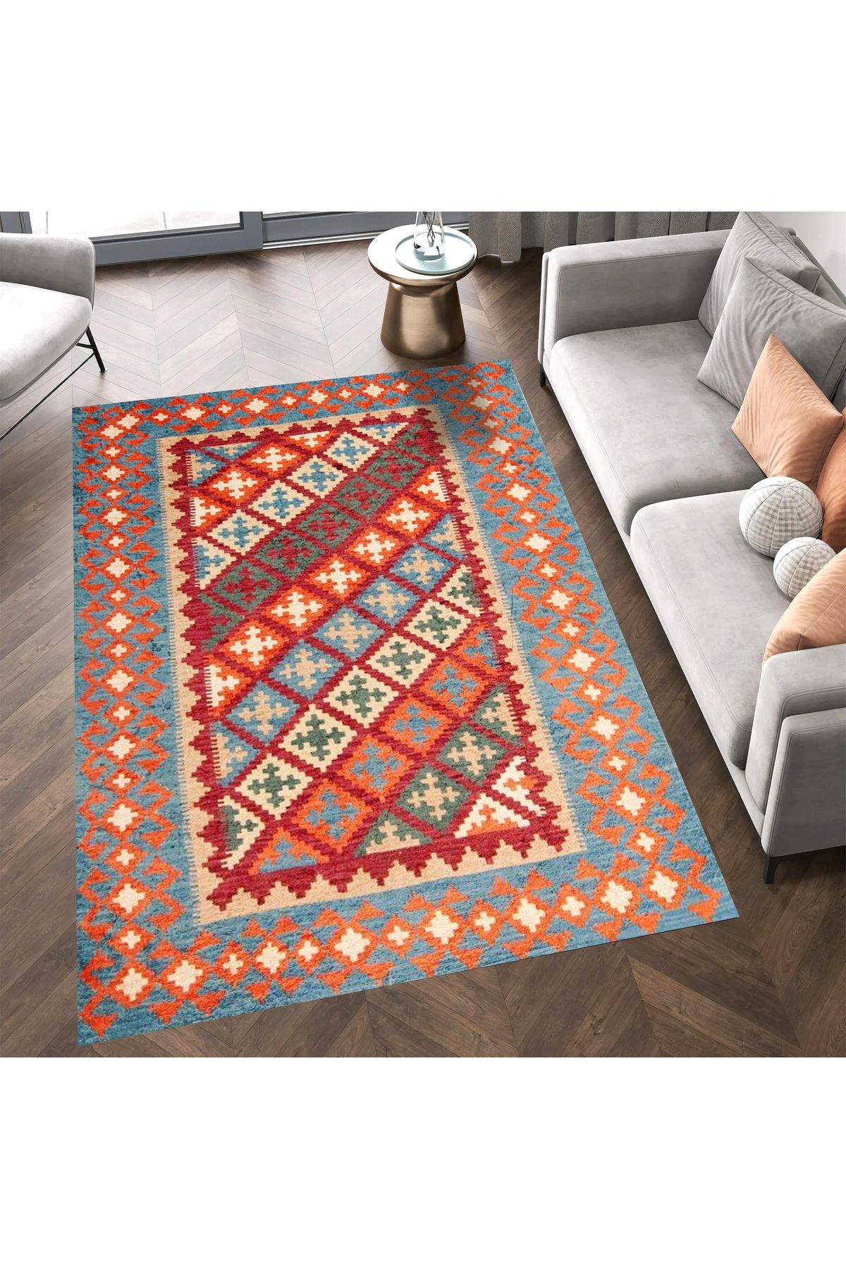 Aysu Koleksiyonu Turuncu Detaylı Etnik Desenli Dokuma Taban Modern Dekoratif Halı aysu19