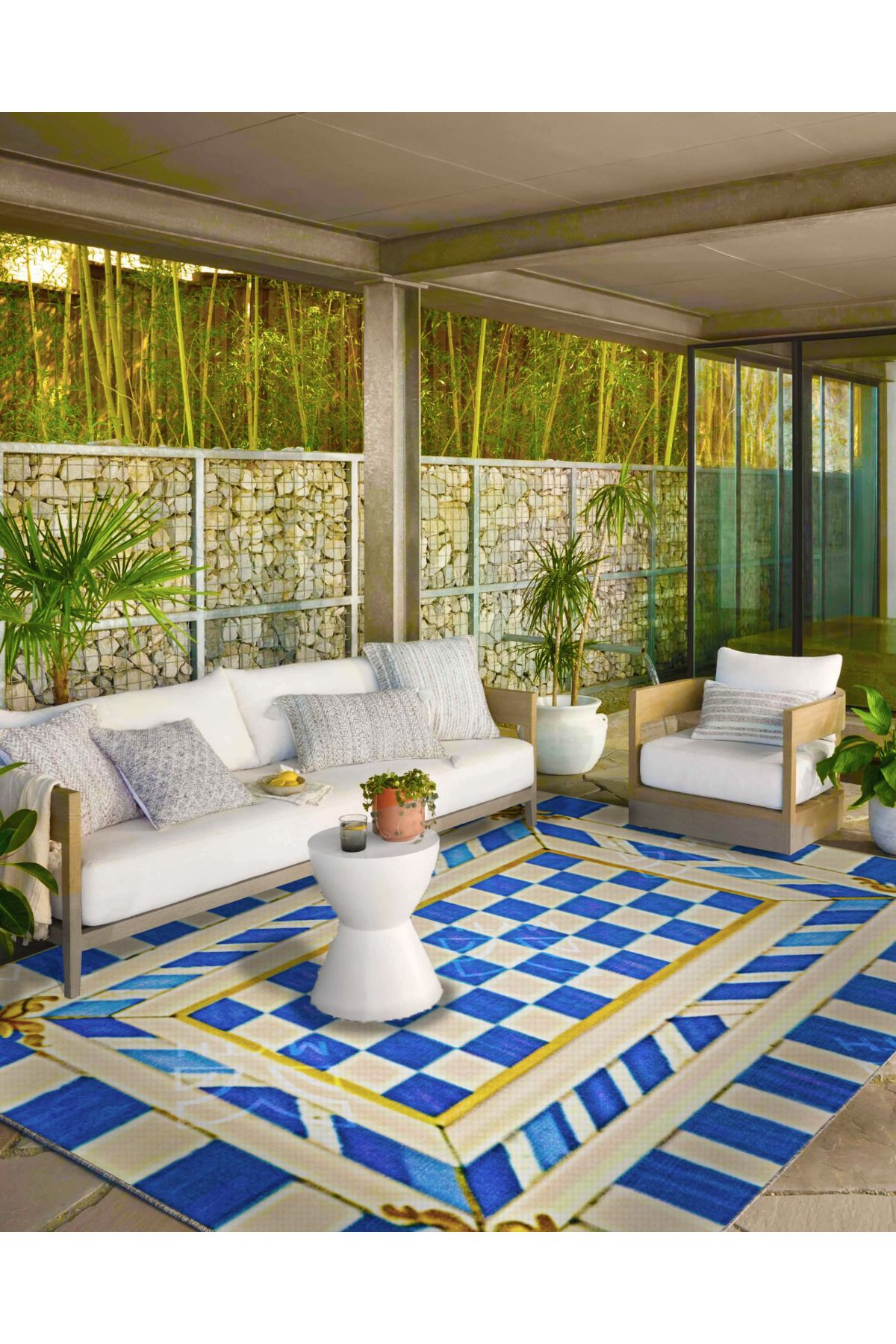 İçe Dönük Mavi Krem Geometrik Kareli Temalı Dokuma Taban ve Yıkanabilir Halı MYTH10